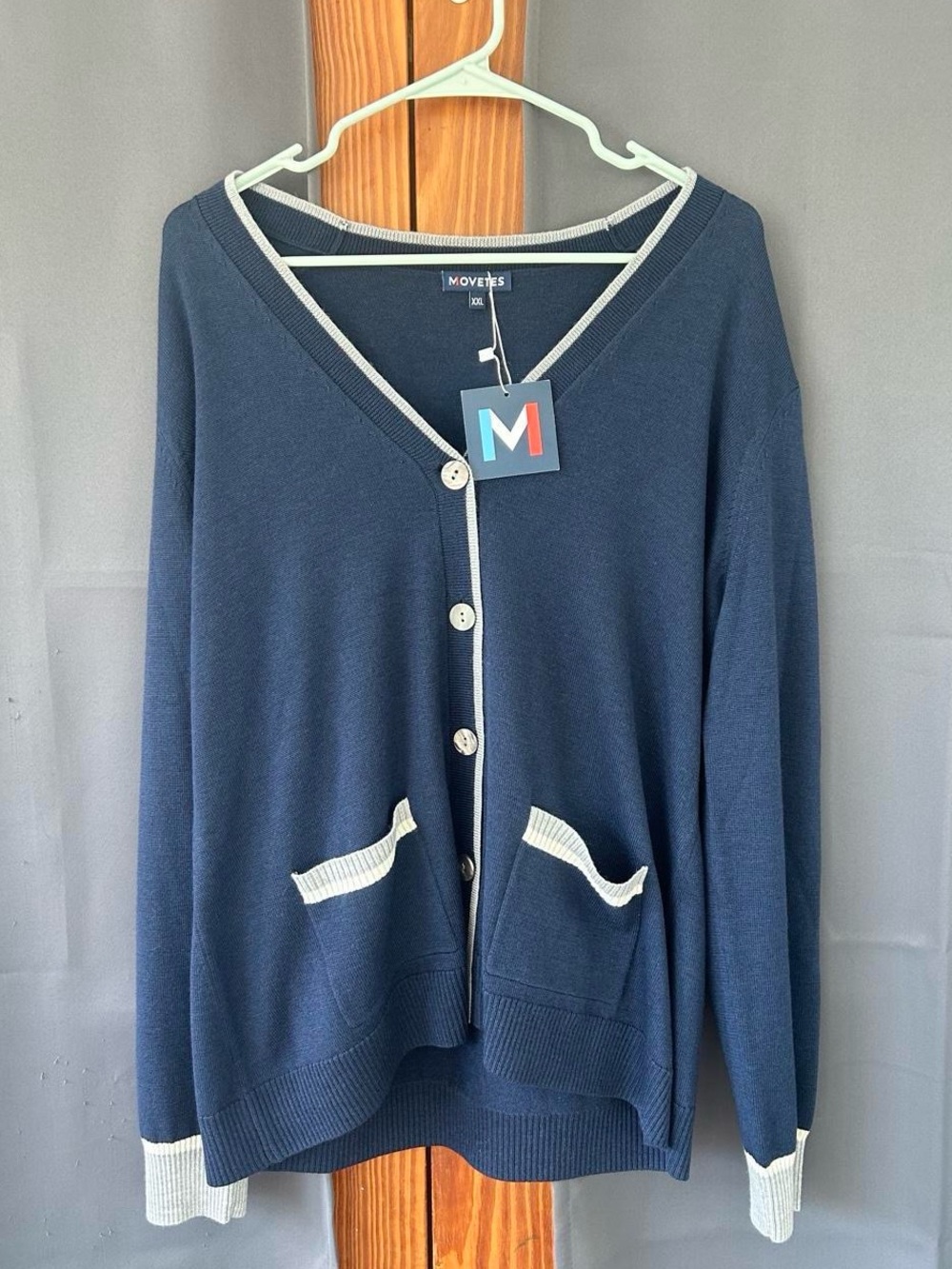 Movetes 100% Extra Fine Merino Wool Navy Button Front Golf Cardigan Size XXL